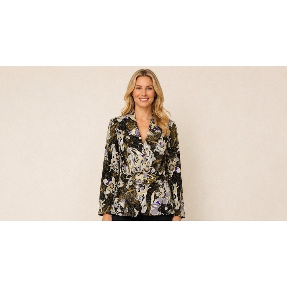 Pat Argenti Collection 100% Silk Belted Floral Blazer Jacket Women's 14 Art Deco
